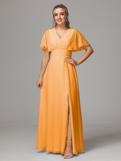 Short Sleeves V Neck Chiffon Bridesmaid Dress With Slit