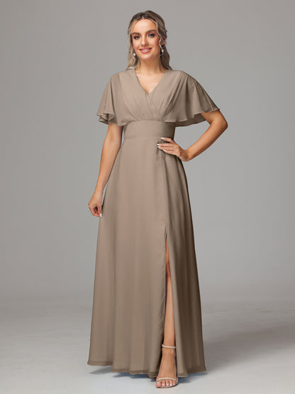 Short Sleeves V Neck Chiffon Bridesmaid Dress With Slit