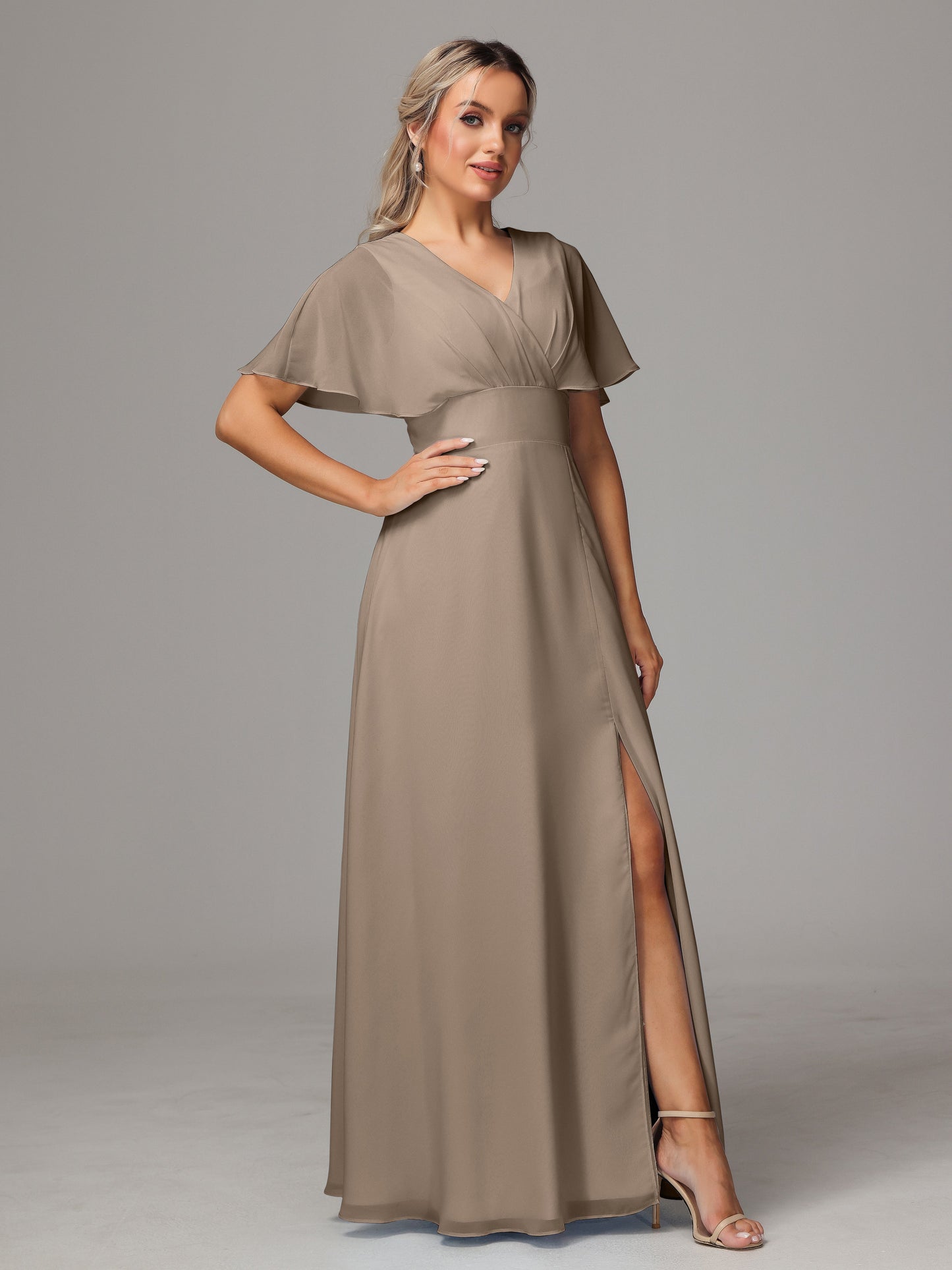 Short Sleeves V Neck Chiffon Bridesmaid Dress With Slit