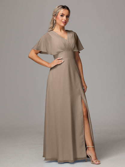 Short Sleeves V Neck Chiffon Bridesmaid Dress With Slit