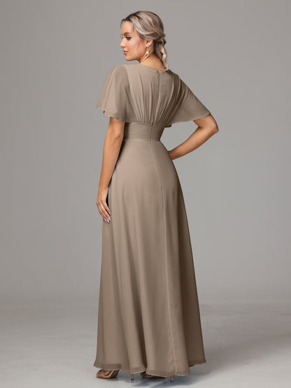 Short Sleeves V Neck Chiffon Bridesmaid Dress With Slit
