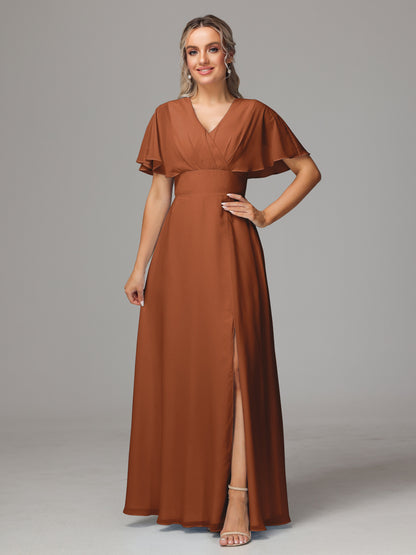 Short Sleeves V Neck Chiffon Bridesmaid Dress With Slit