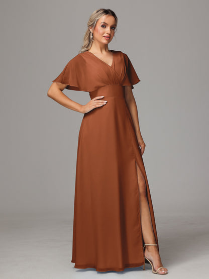 Short Sleeves V Neck Chiffon Bridesmaid Dress With Slit
