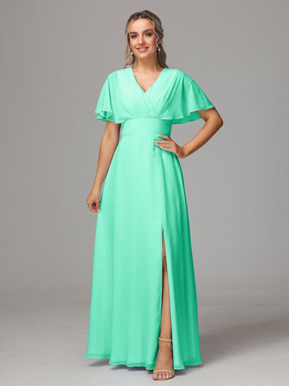 Short Sleeves V Neck Chiffon Bridesmaid Dress With Slit