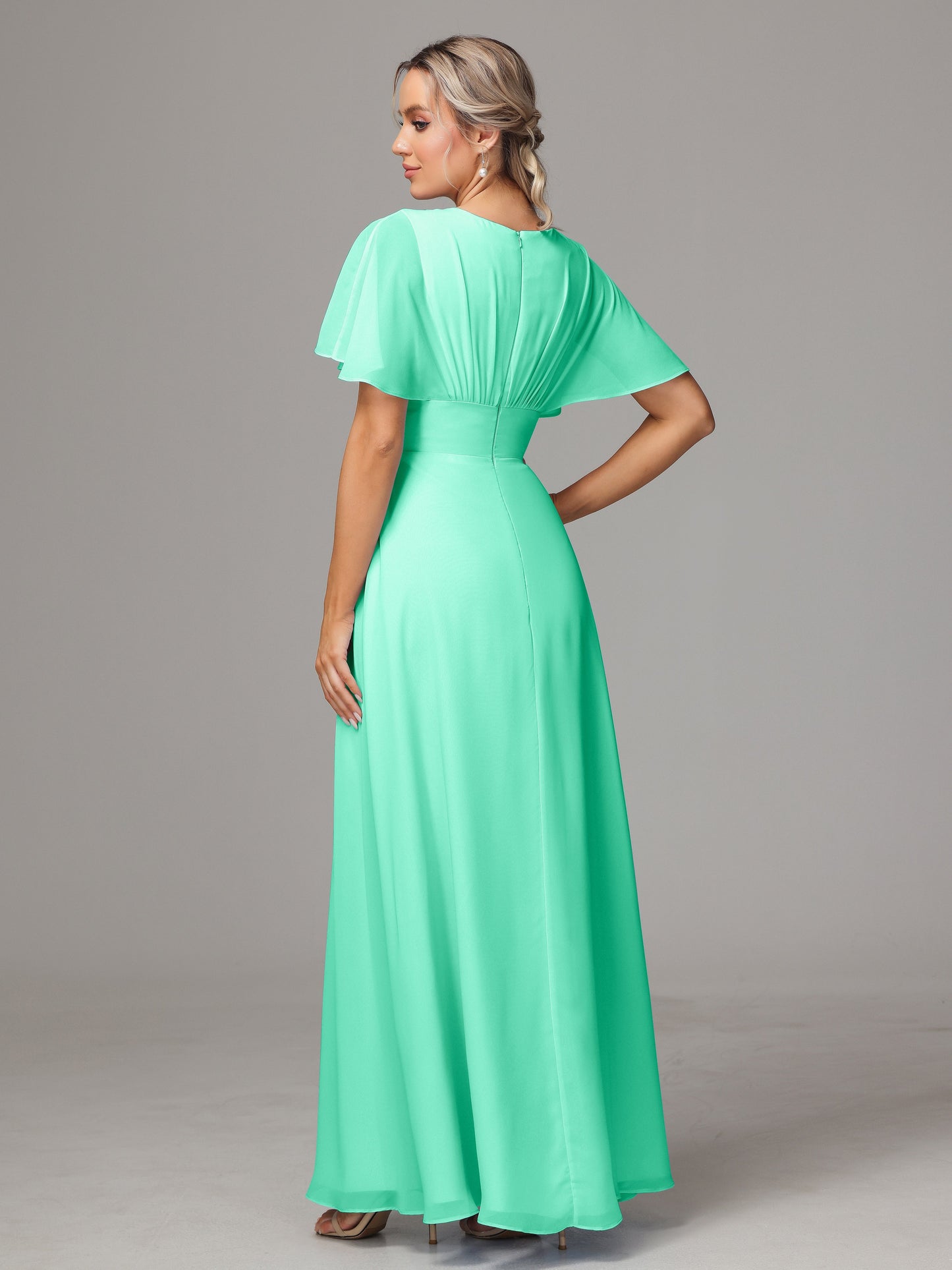 Short Sleeves V Neck Chiffon Bridesmaid Dress With Slit