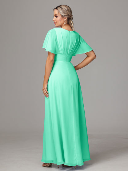 Short Sleeves V Neck Chiffon Bridesmaid Dress With Slit