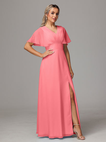 Short Sleeves V Neck Chiffon Bridesmaid Dress With Slit