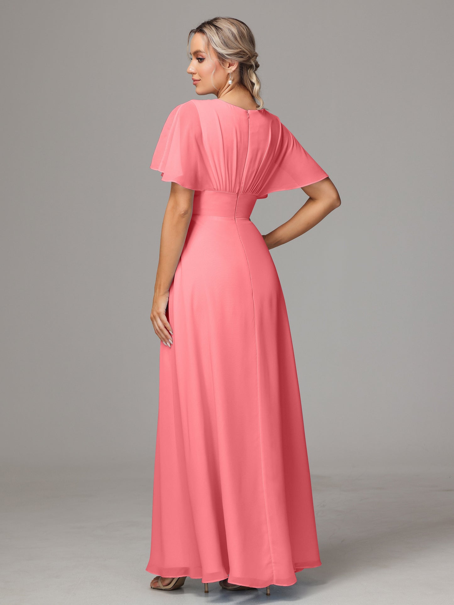 Short Sleeves V Neck Chiffon Bridesmaid Dress With Slit