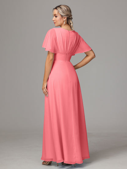 Short Sleeves V Neck Chiffon Bridesmaid Dress With Slit