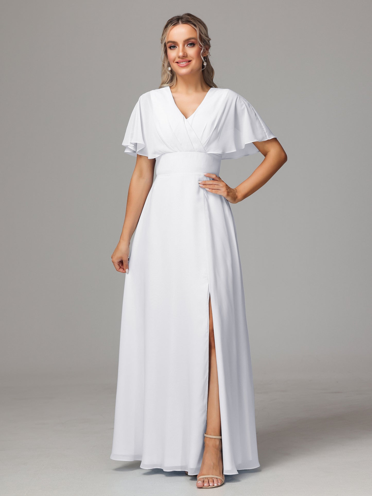 Short Sleeves V Neck Chiffon Bridesmaid Dress With Slit