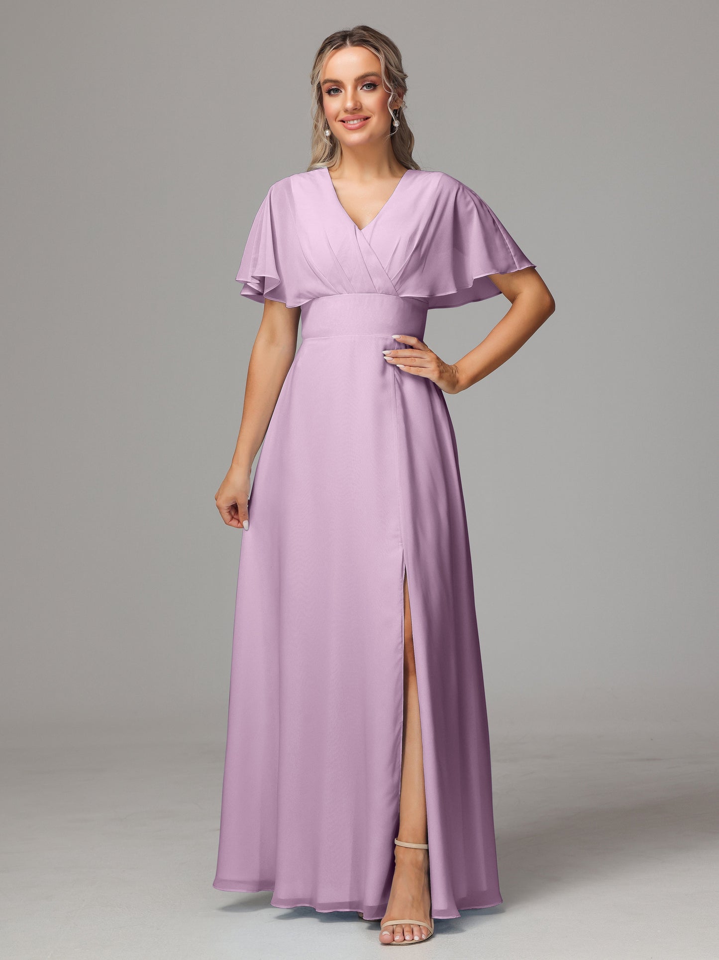 Short Sleeves V Neck Chiffon Bridesmaid Dress With Slit