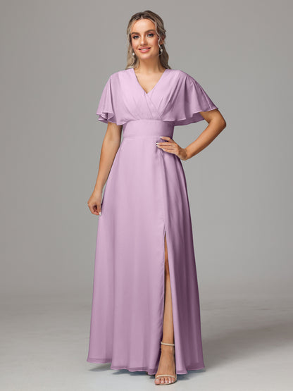 Short Sleeves V Neck Chiffon Bridesmaid Dress With Slit