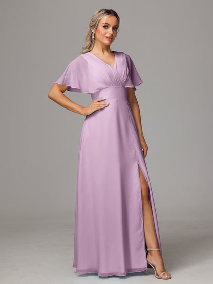 Short Sleeves V Neck Chiffon Bridesmaid Dress With Slit