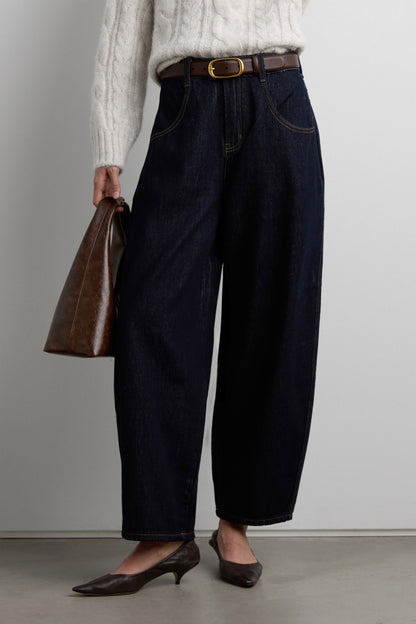 CROPPED HIGH-RISE BARREL LEG DARK BLUE WASH JEAN