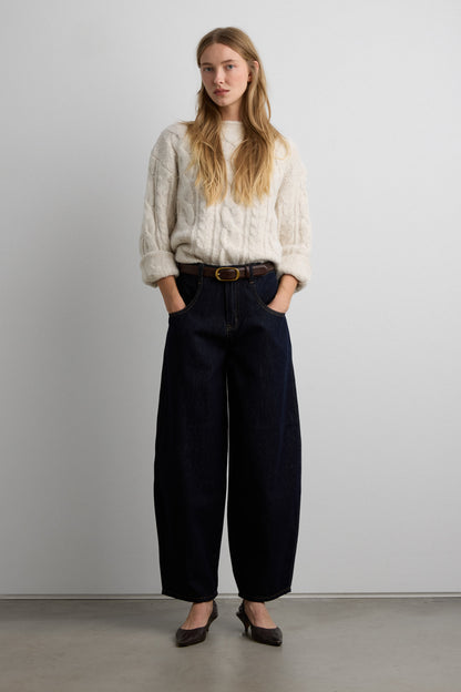 CROPPED HIGH-RISE BARREL LEG DARK BLUE WASH JEAN