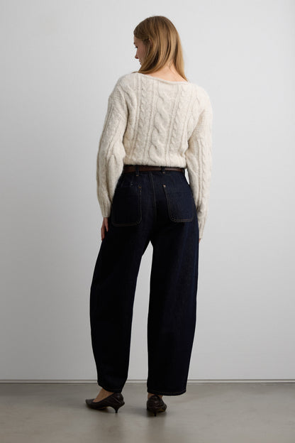 CROPPED HIGH-RISE BARREL LEG DARK BLUE WASH JEAN
