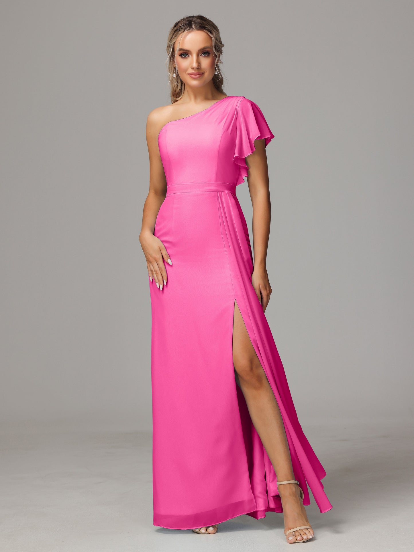 One Shoulder With Slit Chiffon Bridesmaid Dress