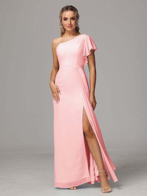 One Shoulder With Slit Chiffon Bridesmaid Dress