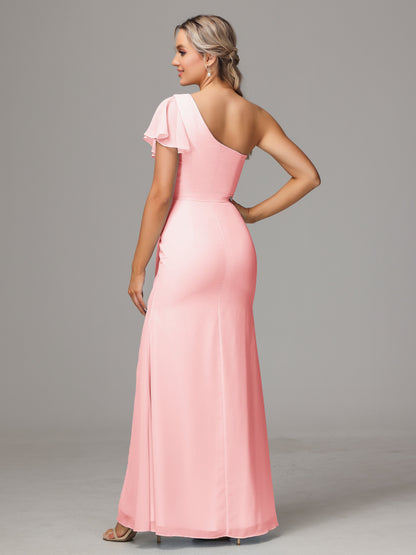 One Shoulder With Slit Chiffon Bridesmaid Dress