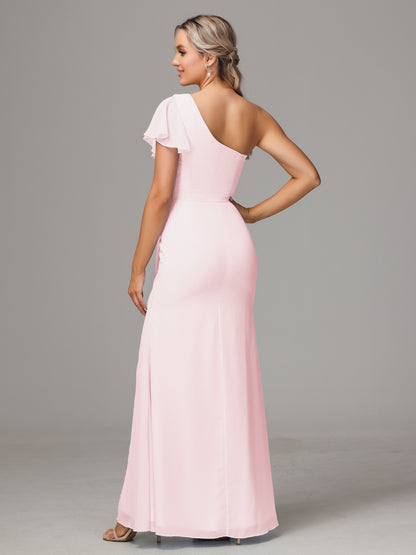 One Shoulder With Slit Chiffon Bridesmaid Dress