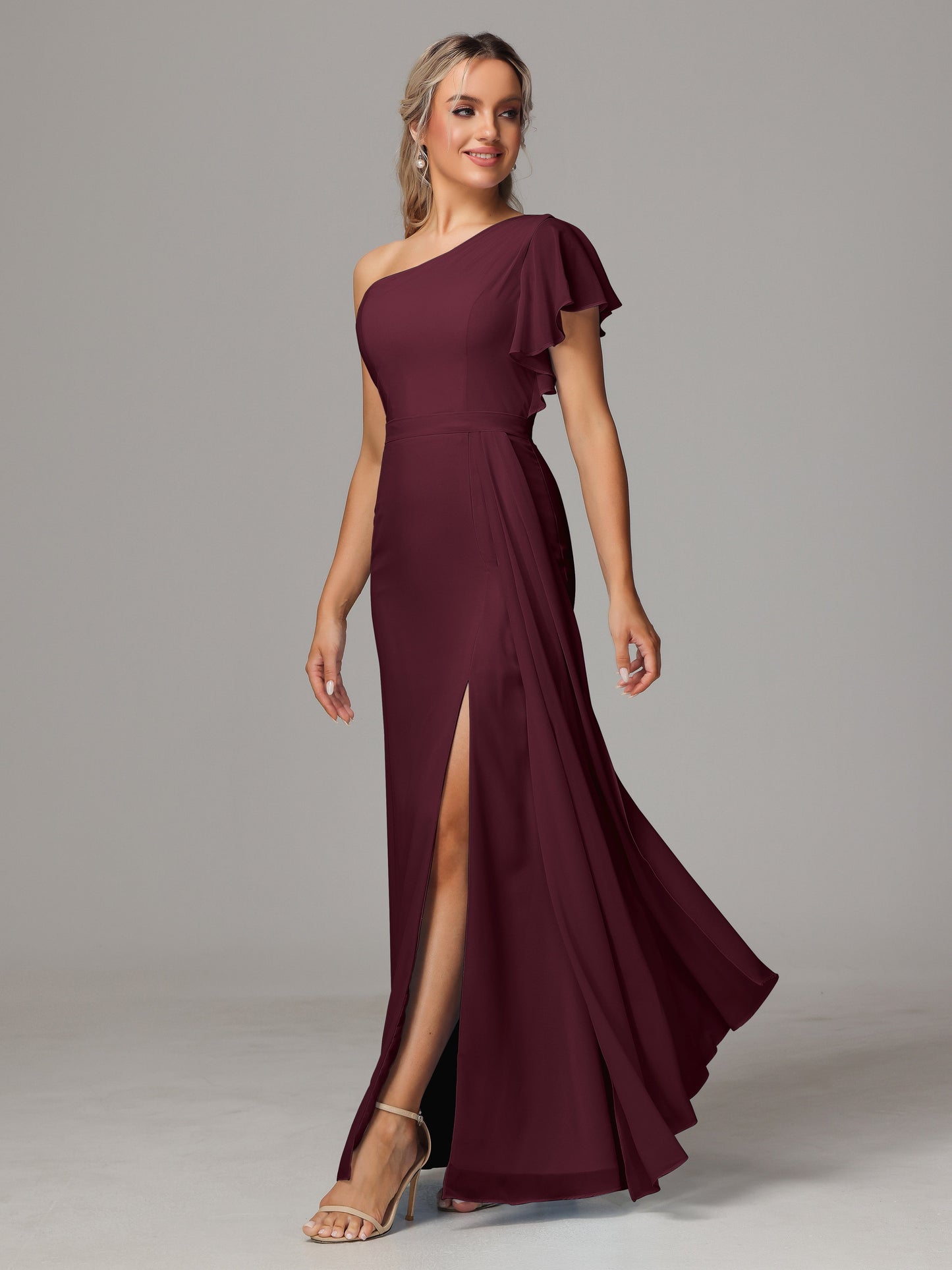 One Shoulder With Slit Chiffon Bridesmaid Dress