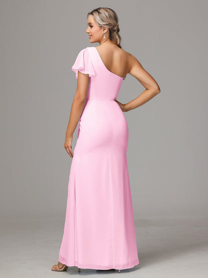 One Shoulder With Slit Chiffon Bridesmaid Dress