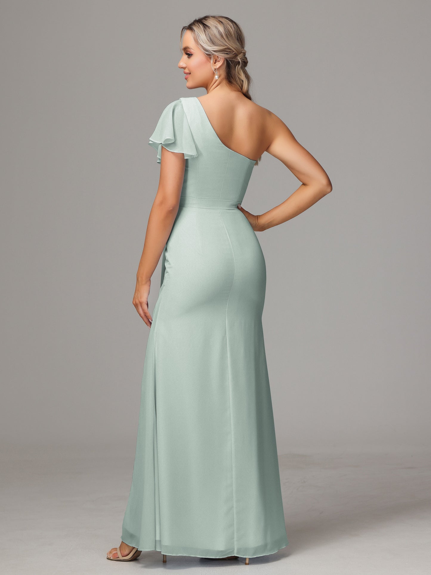 One Shoulder With Slit Chiffon Bridesmaid Dress
