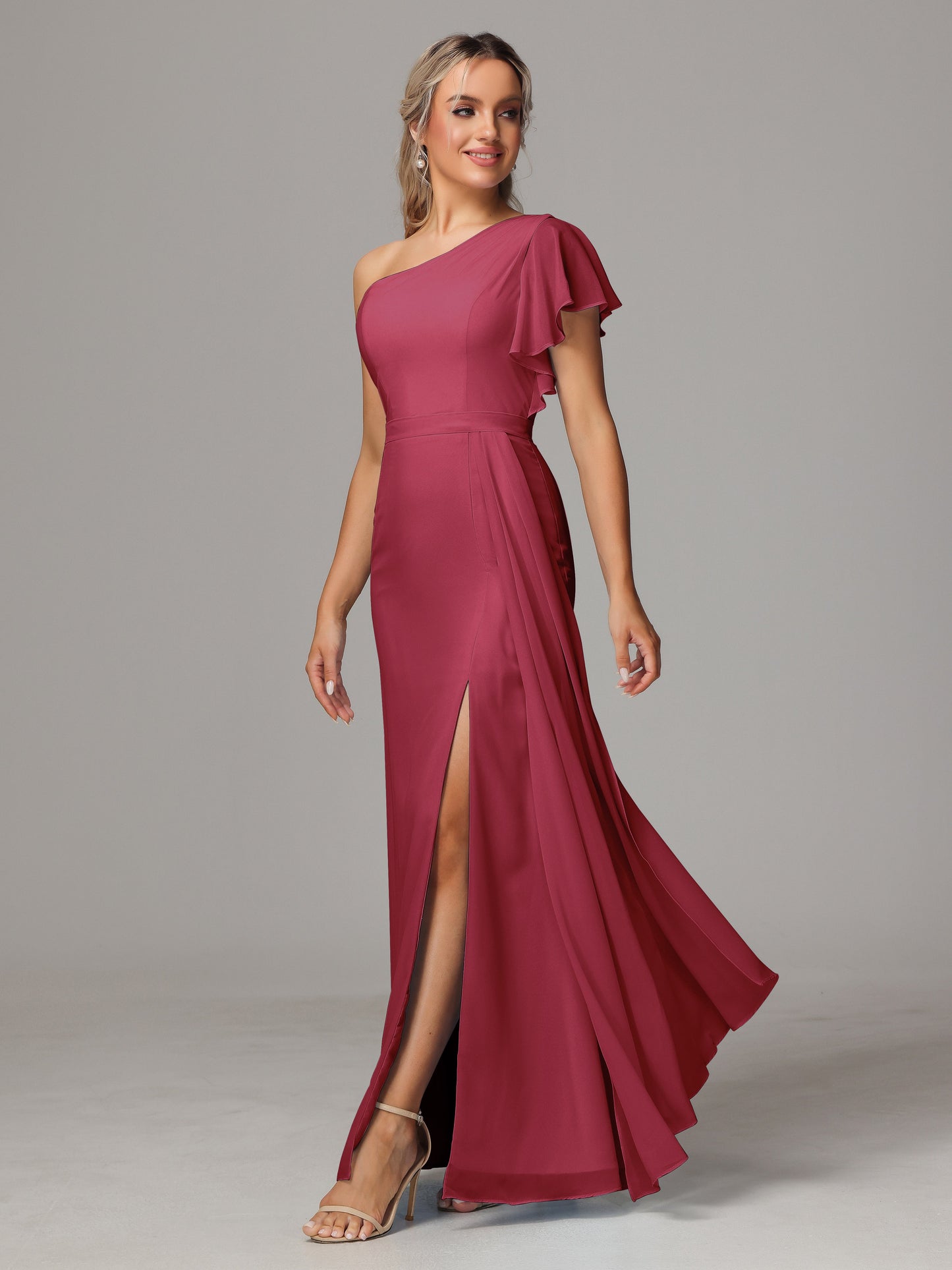 One Shoulder With Slit Chiffon Bridesmaid Dress