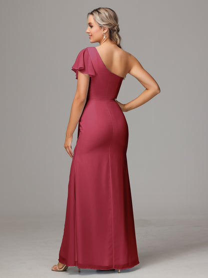 One Shoulder With Slit Chiffon Bridesmaid Dress