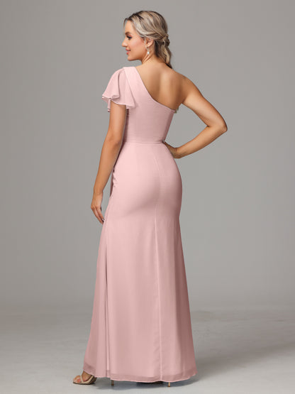 One Shoulder With Slit Chiffon Bridesmaid Dress