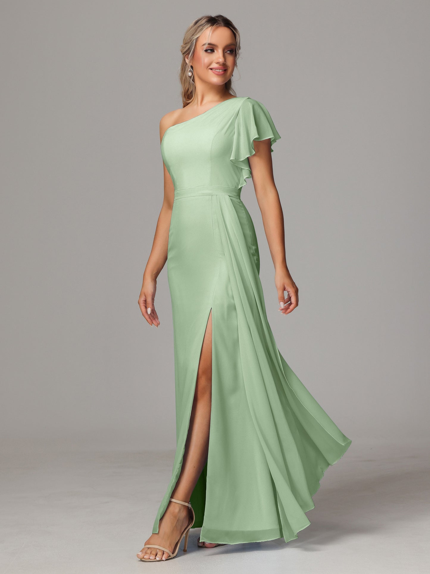 One Shoulder With Slit Chiffon Bridesmaid Dress