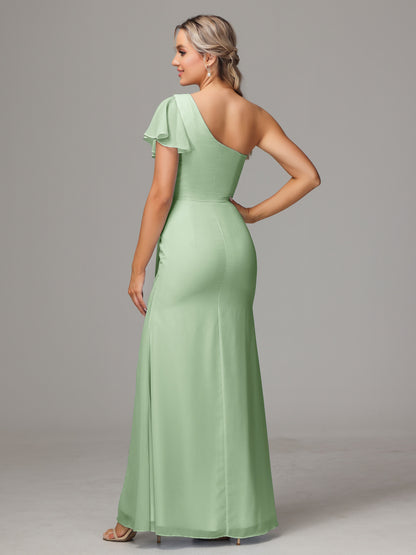 One Shoulder With Slit Chiffon Bridesmaid Dress