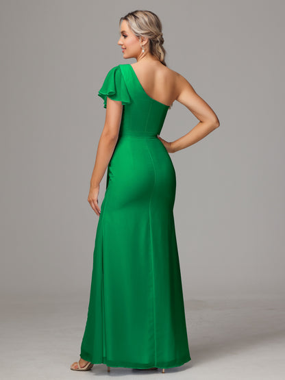 One Shoulder With Slit Chiffon Bridesmaid Dress