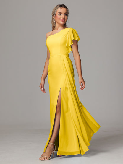 One Shoulder With Slit Chiffon Bridesmaid Dress