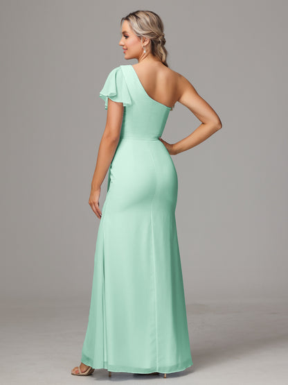 One Shoulder With Slit Chiffon Bridesmaid Dress