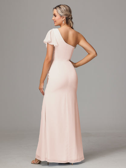 One Shoulder With Slit Chiffon Bridesmaid Dress