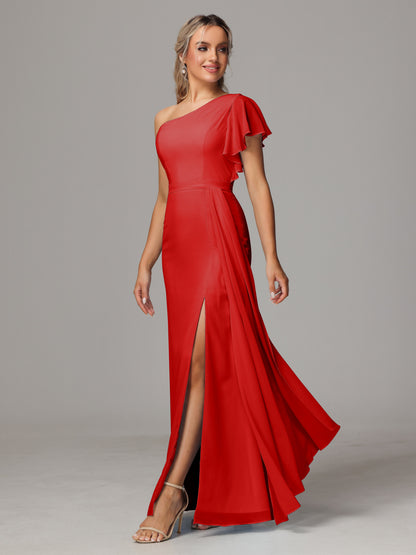 One Shoulder With Slit Chiffon Bridesmaid Dress