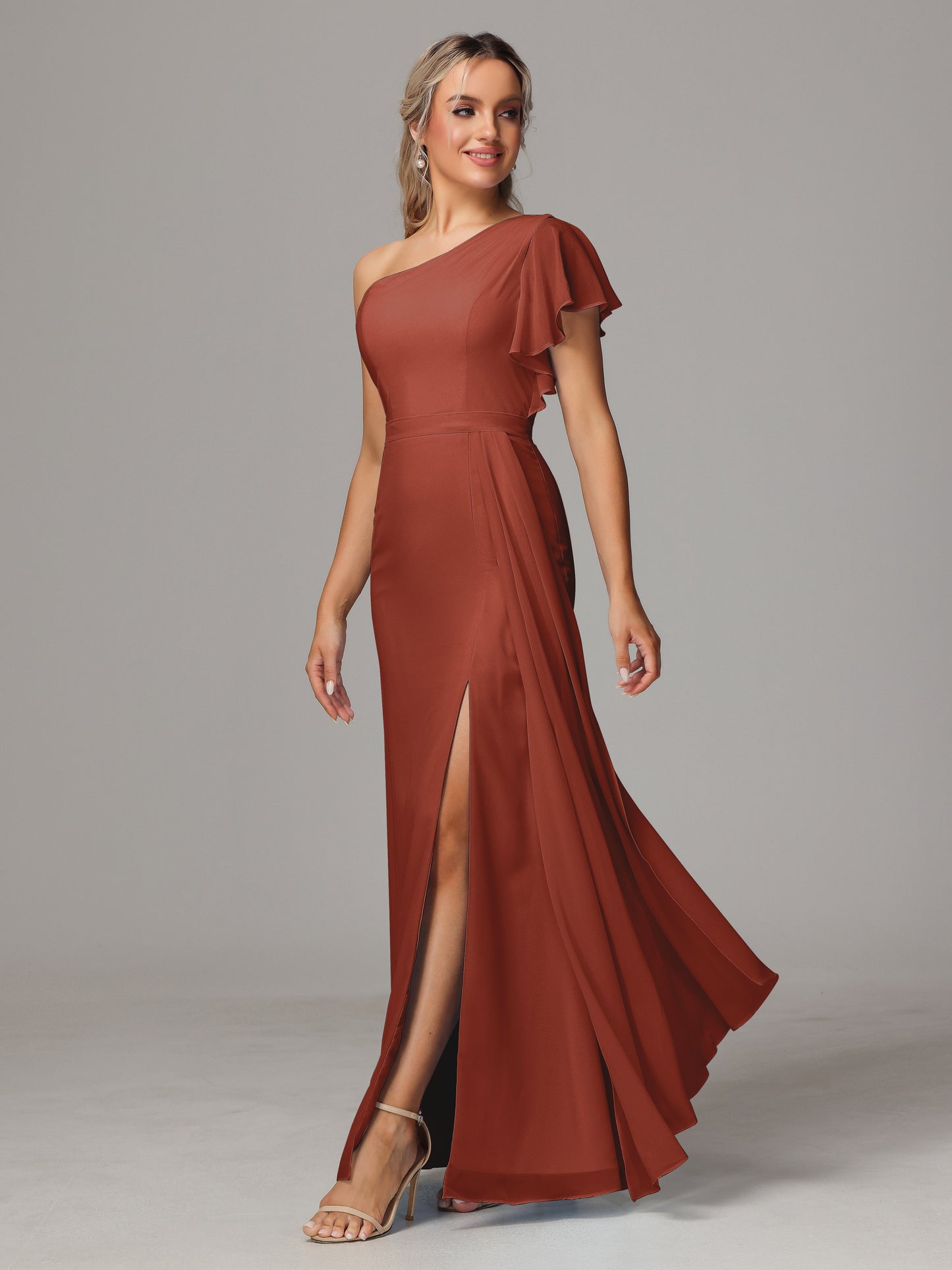 One Shoulder With Slit Chiffon Bridesmaid Dress