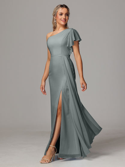 One Shoulder With Slit Chiffon Bridesmaid Dress