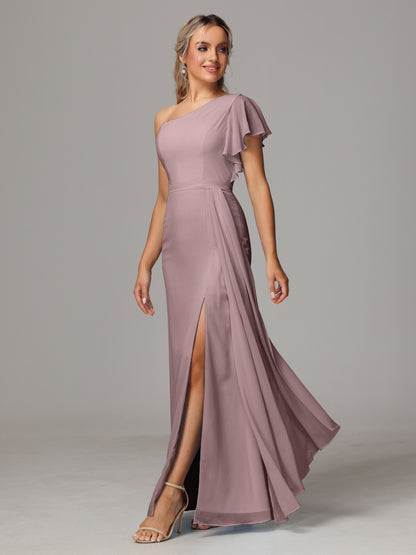 One Shoulder With Slit Chiffon Bridesmaid Dress