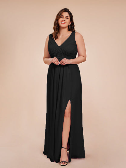 Jurnee Floor Length V-neck Ruched Chiffon Plus Size Bridesmaid Dress