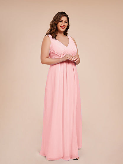 Jurnee Floor Length V-neck Ruched Chiffon Plus Size Bridesmaid Dress