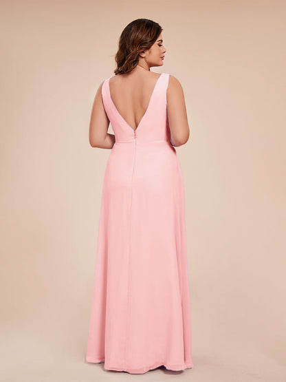 Jurnee Floor Length V-neck Ruched Chiffon Plus Size Bridesmaid Dress