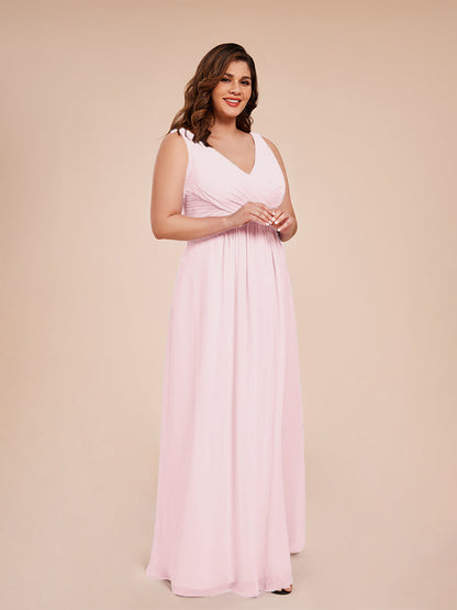 Jurnee Floor Length V-neck Ruched Chiffon Plus Size Bridesmaid Dress