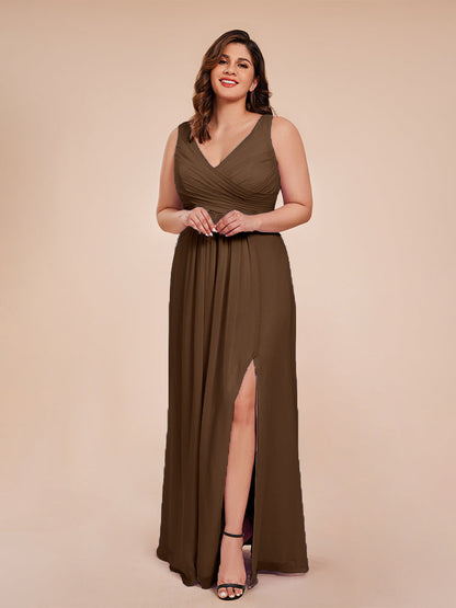 Jurnee Floor Length V-neck Ruched Chiffon Plus Size Bridesmaid Dress