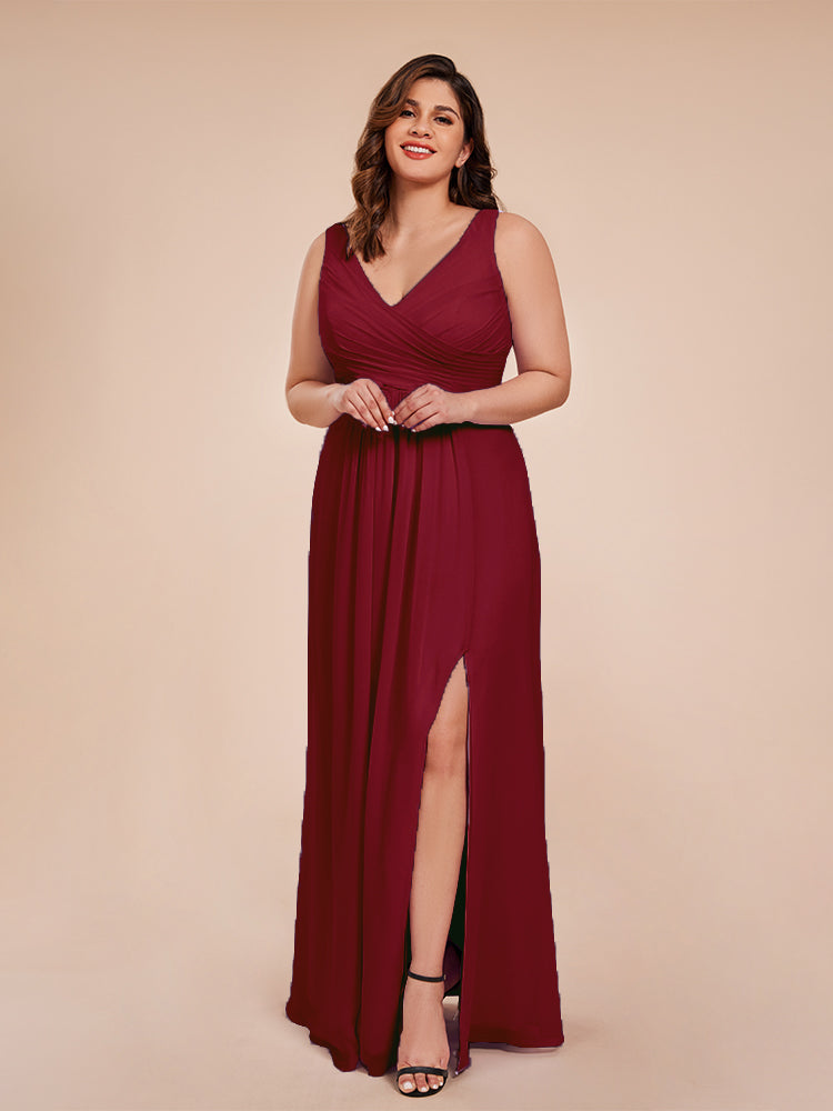 Jurnee Floor Length V-neck Ruched Chiffon Plus Size Bridesmaid Dress