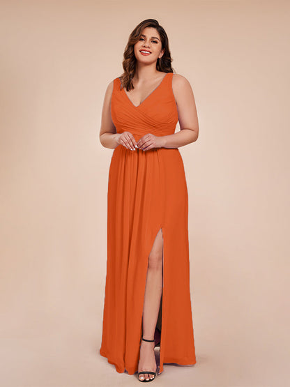 Jurnee Floor Length V-neck Ruched Chiffon Plus Size Bridesmaid Dress