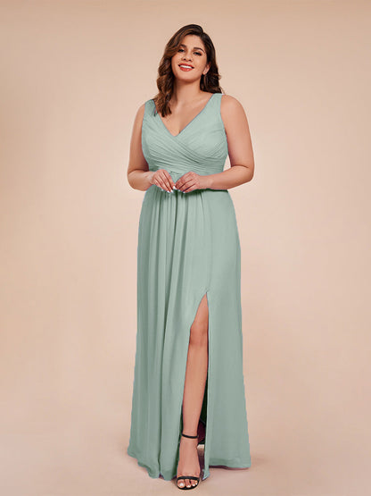 Jurnee Floor Length V-neck Ruched Chiffon Plus Size Bridesmaid Dress
