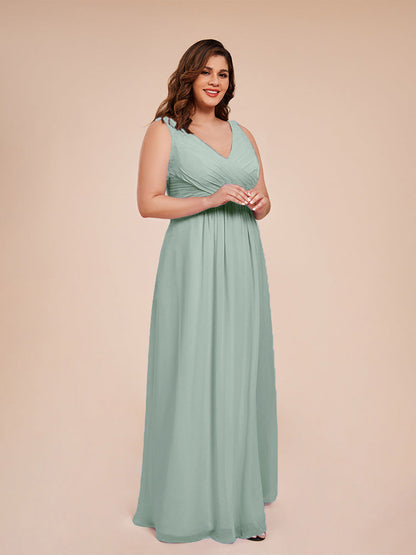 Jurnee Floor Length V-neck Ruched Chiffon Plus Size Bridesmaid Dress