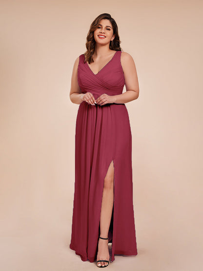 Jurnee Floor Length V-neck Ruched Chiffon Plus Size Bridesmaid Dress